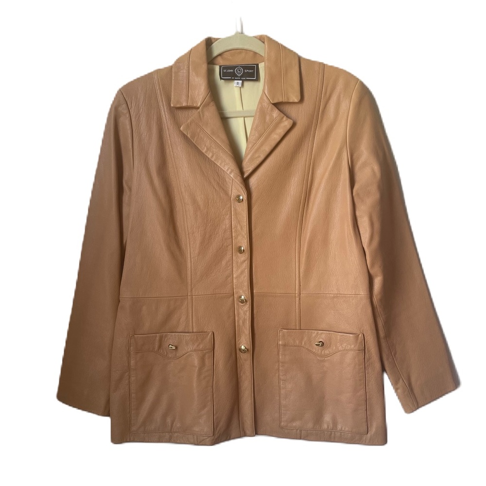 St.John Sport by Marie Gray 100% leather blazer jacket size S moto style neutral